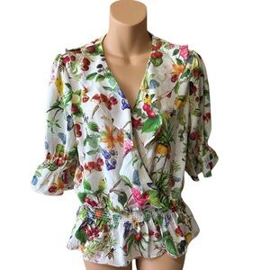 Philosophy Floral Blouse w/ Bug Pattern V neck Smocked Waist and Ruffles